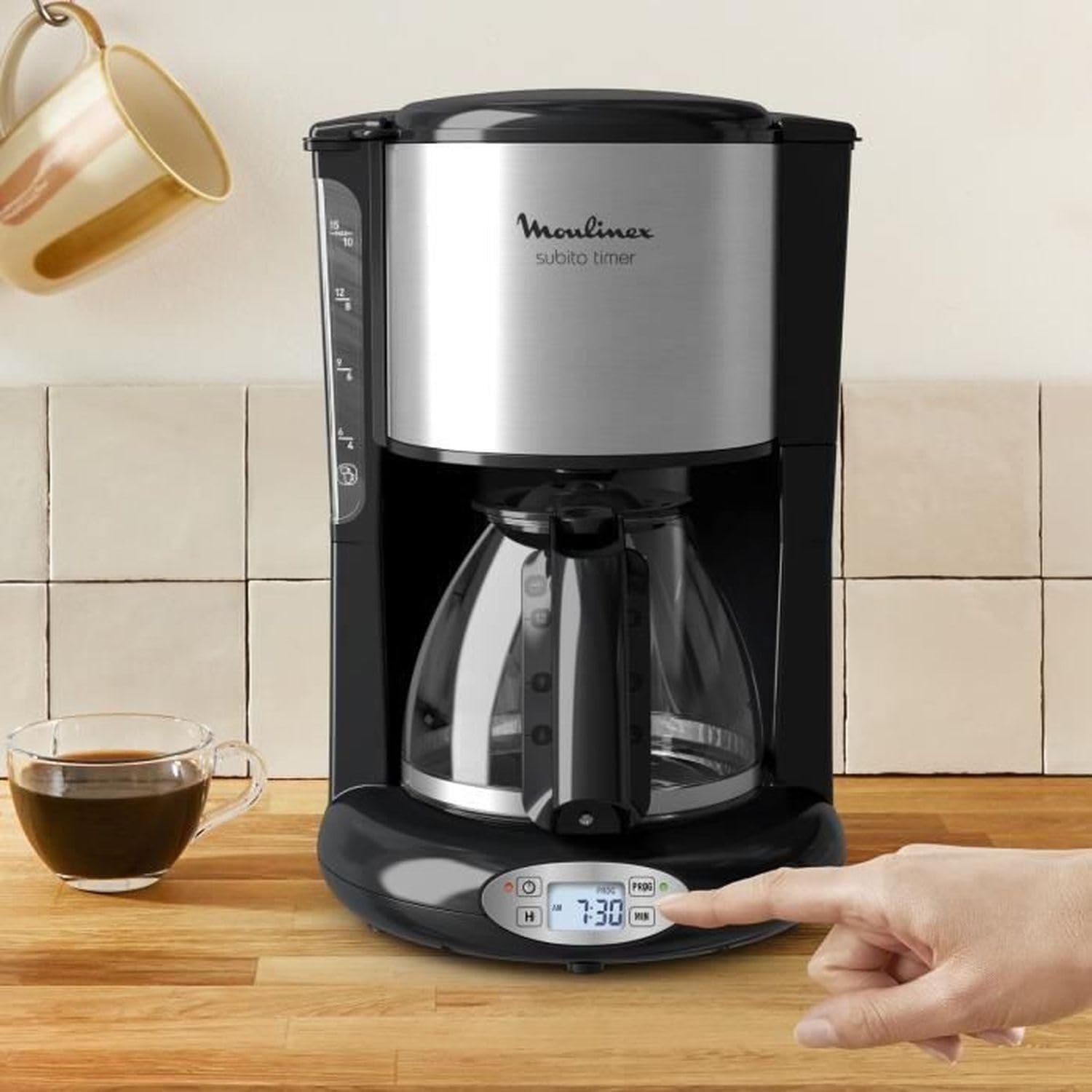 Moulinex Cafetière filtre, Capacité de 1,25 L, 10 à 15 tasses, Programmation 24 heures, Maintien au chaud, Subito FG362810, Noir