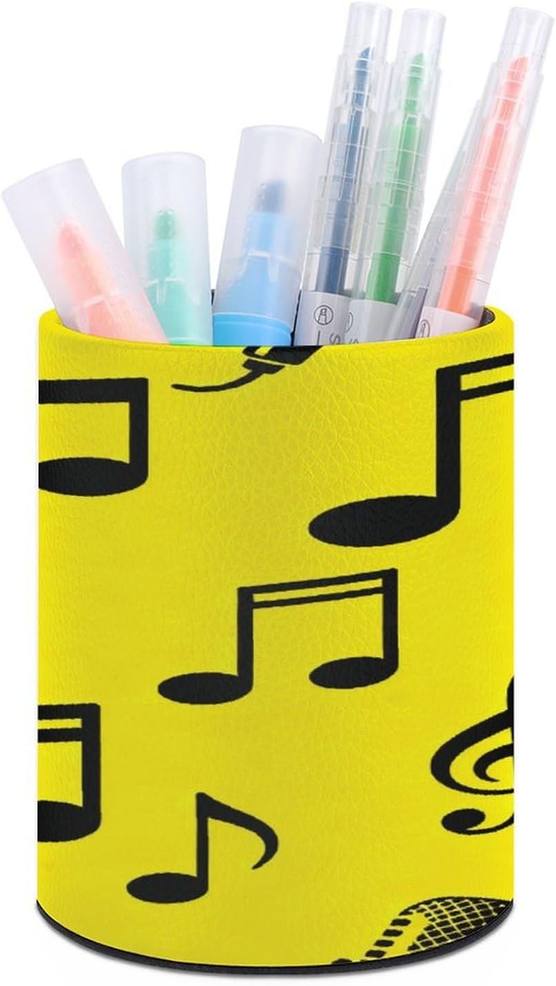 Music Note Yellow Pen Holder, Pencil Holder for Desk, PU Leather Desktop Pen Cup Storage, Round Desk Pencil Pens Organizer, Makeup Brush Holder for Home Office