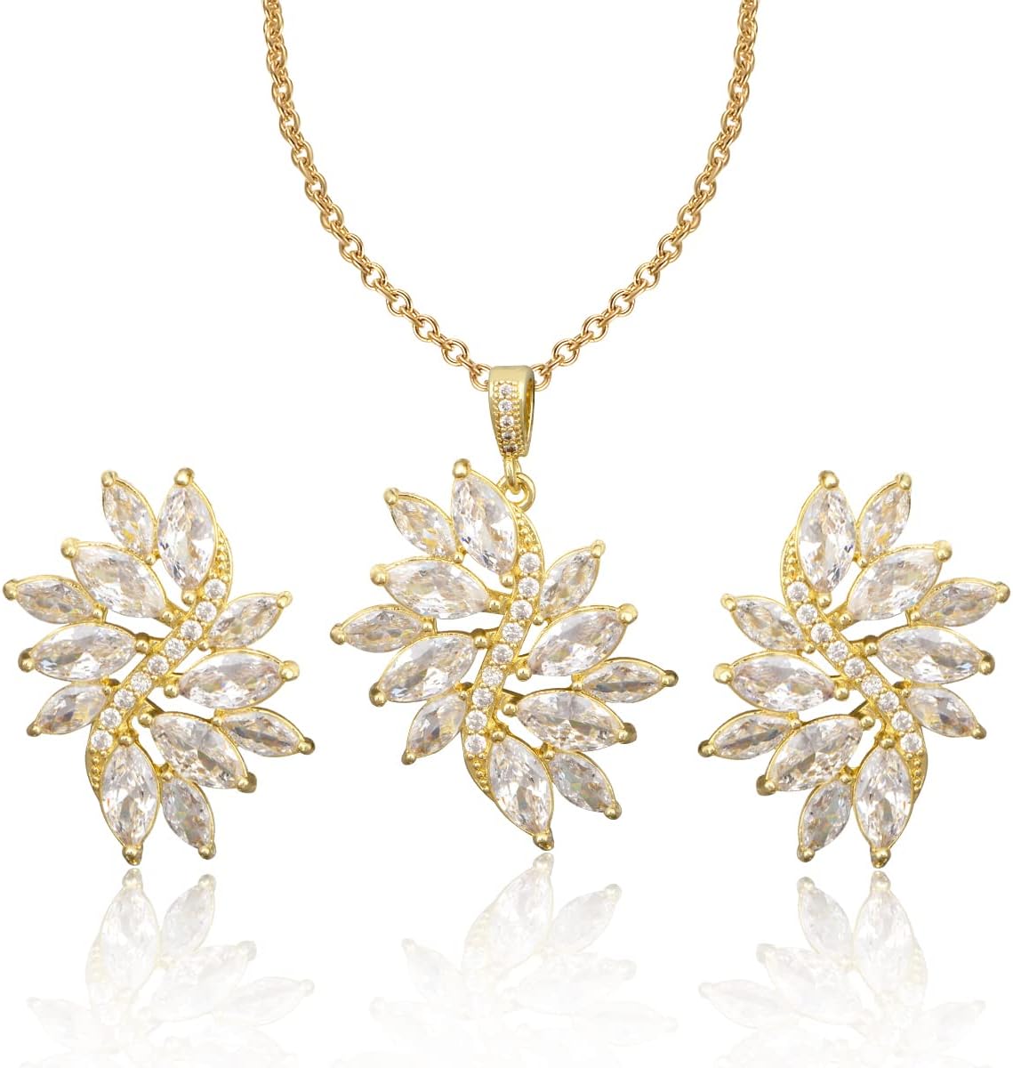 Bridal Jewelry Set for Wedding - Women's 14k Plated Sterling Silver Marquise Cubic Zirconia CZ Crystal Big Leaf Flower Floral Cluster Necklace Stud Earrings Set for Bride Bridesmaids Party Prom