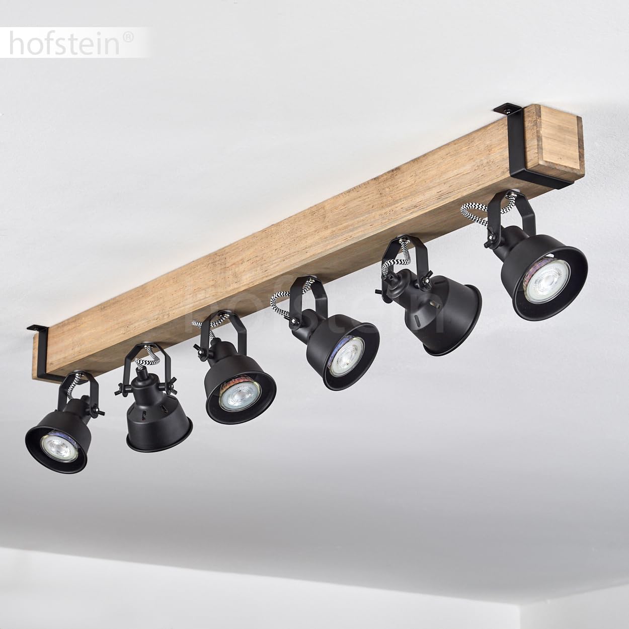 HOFSTEIN Deckenleuchte Safari, verstellbare Deckenlampe aus Metall/Holz in Schwarz/Natur, Leuchte im Industrial/Retro/Vintage-Design, Holzbalken, 6 x GU10, Wohnzimmer, Esszimmer, Schlafzimmer, Küche