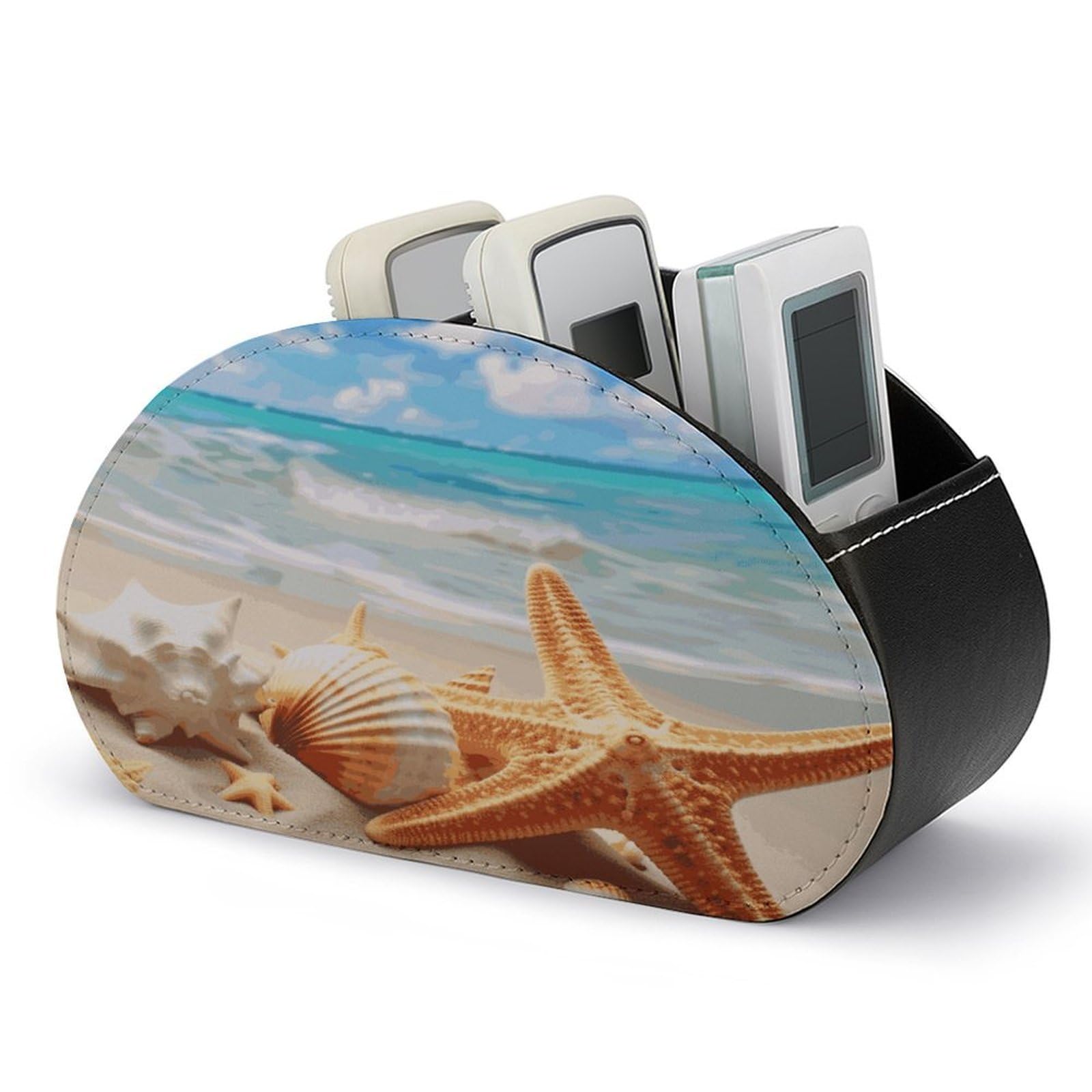 Starfish Seashell Ocean Beach Remote Control Holder with 5 Compartments Multi-functional TV Remote Caddy Organizer Leather TV Remote Holder Desktop Organizer Store for Bedside Table Office Desk