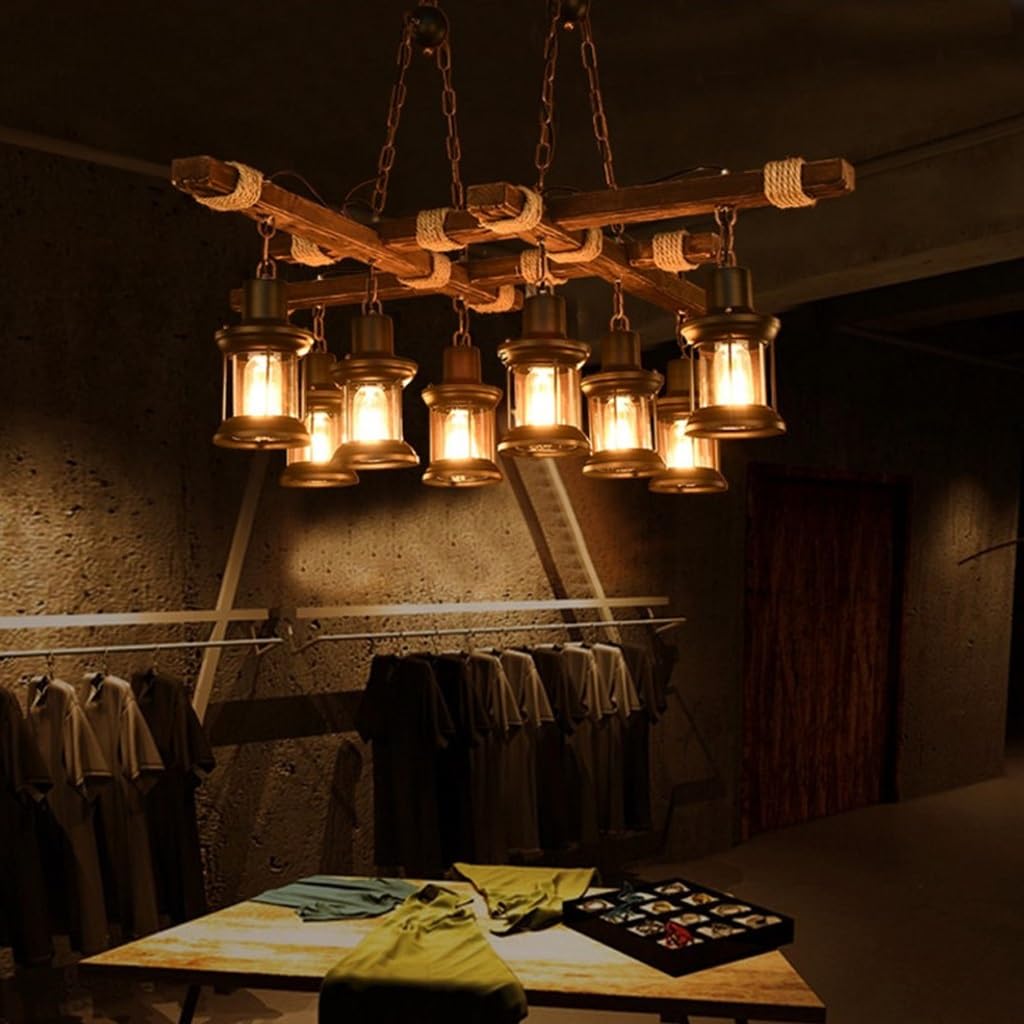 DOCJX Retro Solid Wood Pendant Light Industrial Style Vintage Hanging Lamp Wood Ceiling Chandelier E27 Antique Edison Retro Lamp Kitchen Dining Chandelier Light Fixture (Size : 8 heads)