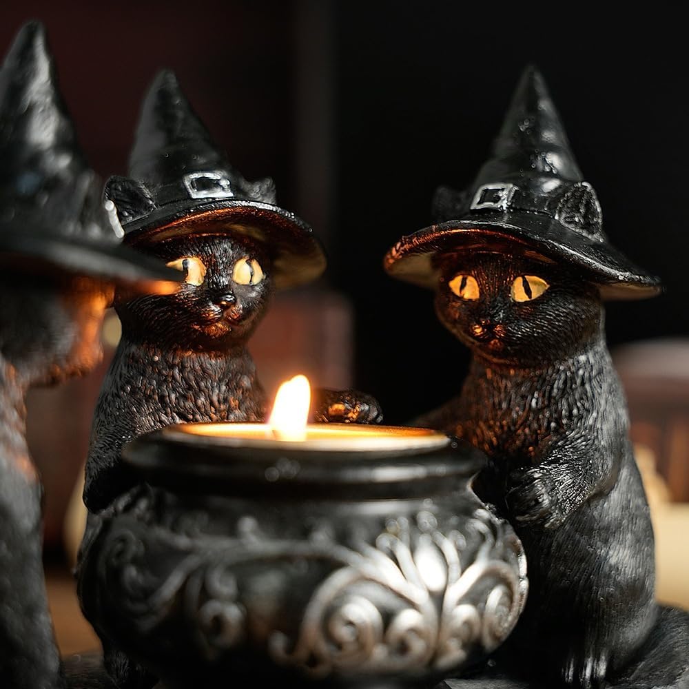 Halloween Black Cat Witches Tealight Candle Holder, Gothic Resin Statue with Decorative Cauldron, Indoor Home Decor (Black) - Image 3