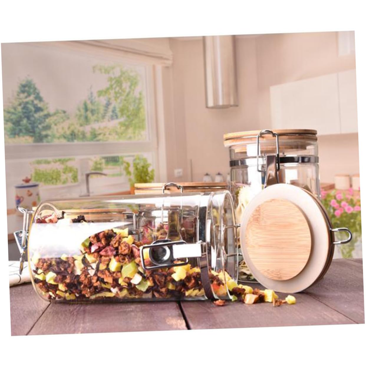 Barattolo in Vetro con Chiusura Stagna Acciaio Resistente Contenitore Sigillato con Coperchio in Bamboo e Clip in Acciaio Vasetto per Conservare Caffè Tè Zucchero e Spezie in