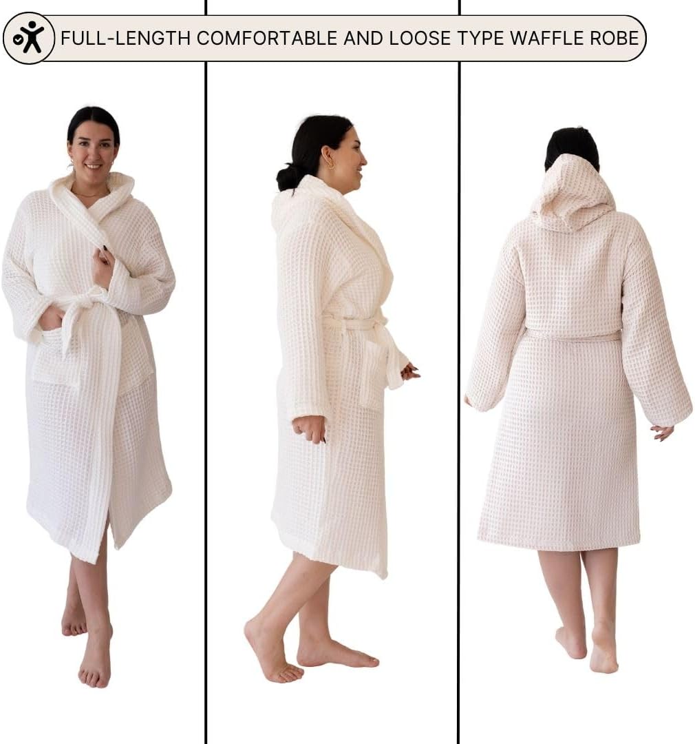 Unisex Hooded Waffle Robe for Women & Men 100% Turkish Cotton | Quick-Dry Bathrobe | Cozy Housecoat for Lounging - Image 3