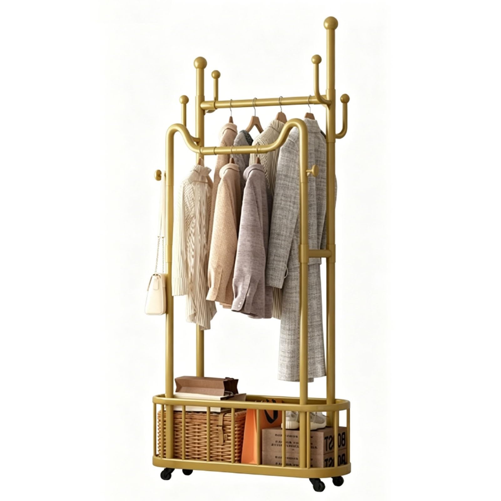 YAOHY Clothes Rack, Bar Double Rod Rolling Metal Clothing Rack for Hanging Clothes, Portable Garment Rack with Wheels, Wardrobe Closet Organizer for Bedroom and Laundry Room(Gold,39.3in/100cm)