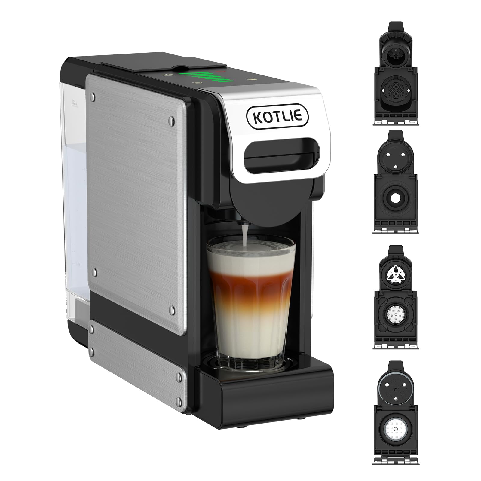 KOTLIE 550 Multi-Kapselkaffeemaschine für Kapseln und gemahlenen Kaffee | 4-in-1 für NES Original/DG*/Mio* Kapseln und Pulver,7 Wassermengen, 1L Wassertank, Kompakt.