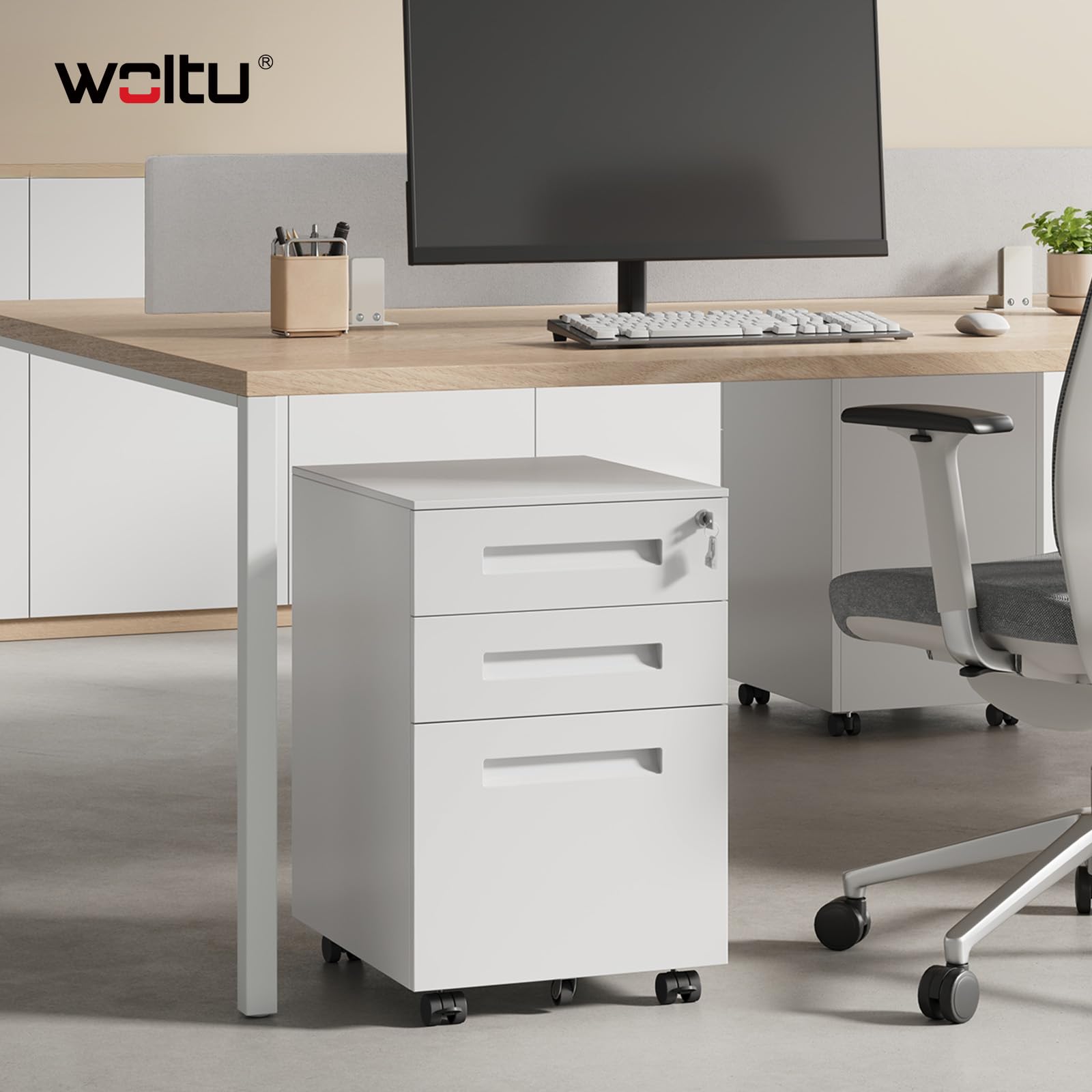 WOLTU Cassettiera da Ufficio Scrivania Studio con Rotelle Mobiletto con 3 Cassetti e Serratura per Documenti Cartelle Sospese Cancelleria, Pre-Assemblato, metallo Bianco