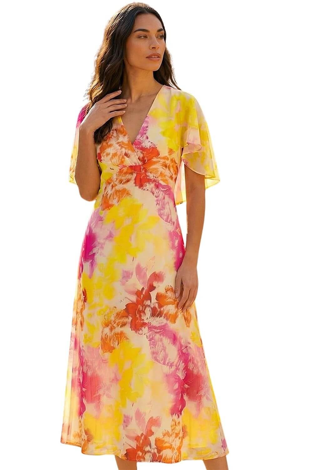 Roman Abstract Printed Cape Dress for Women UK - Ladies Spring Everyday Summer Holiday V-Neckline Comfy Short Sleeve Soft Fit & Flare Midi Frock Diner Date Gowns - Pink - Size 14