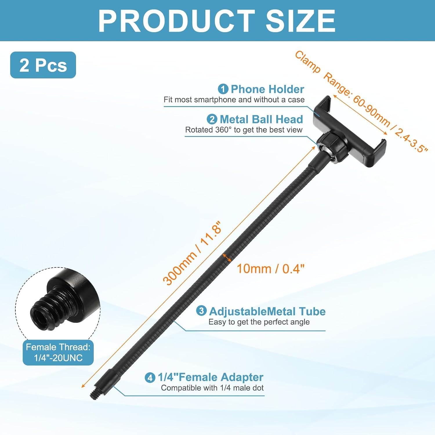 PATIKIL 2Pcs 11.8" Flexible Adjustable Gooseneck with Phone Clip, 1/4" Male Threaded Gooseneck Arm for Most Holder Threaded Adapter, Black