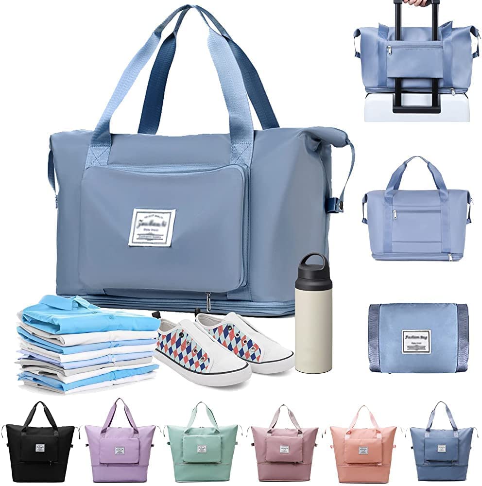 freeboot Large Capacity Folding Travel Tote Bag, Oxford Fabric Waterproof Lightweight Foldable Travel Duffel Bag Portable Expandable Travel Bag, Dry and Wet Carry On Bag (Blue)-picture-42