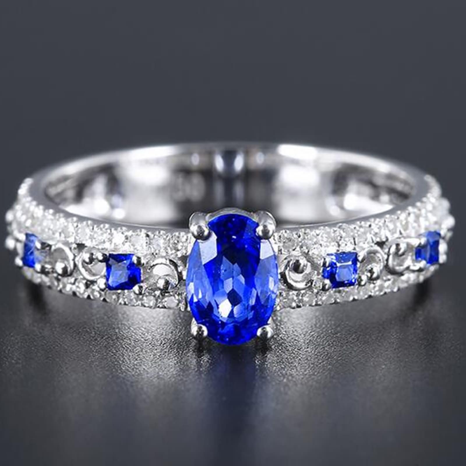 Damen Eheringe Ringe Weißgold 9 Karat / 14 Karat / 18 Karat, 4 Zinken Oval mit Erstellter Saphir 0,75 Karat und Moissanit, Blau Silber Verlobungsring Ehering Damen Ringe