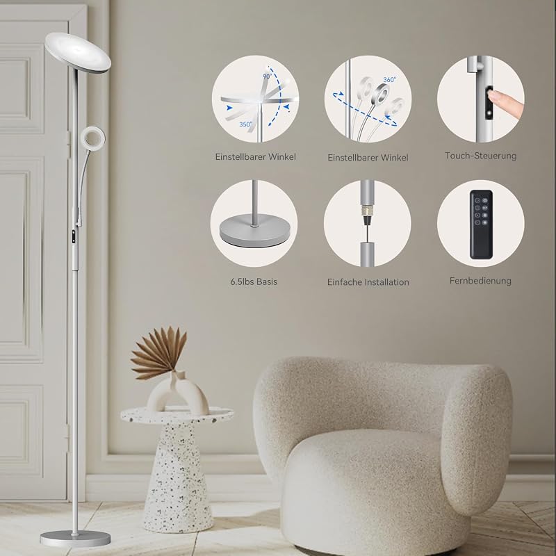 Amdelne Modern Állólámpa 2in1 - Szabályozható LED 30W + 5W Olvasólámpa, Távirányítós, 4 Színhőmérséklet, Szürke Fém Talp