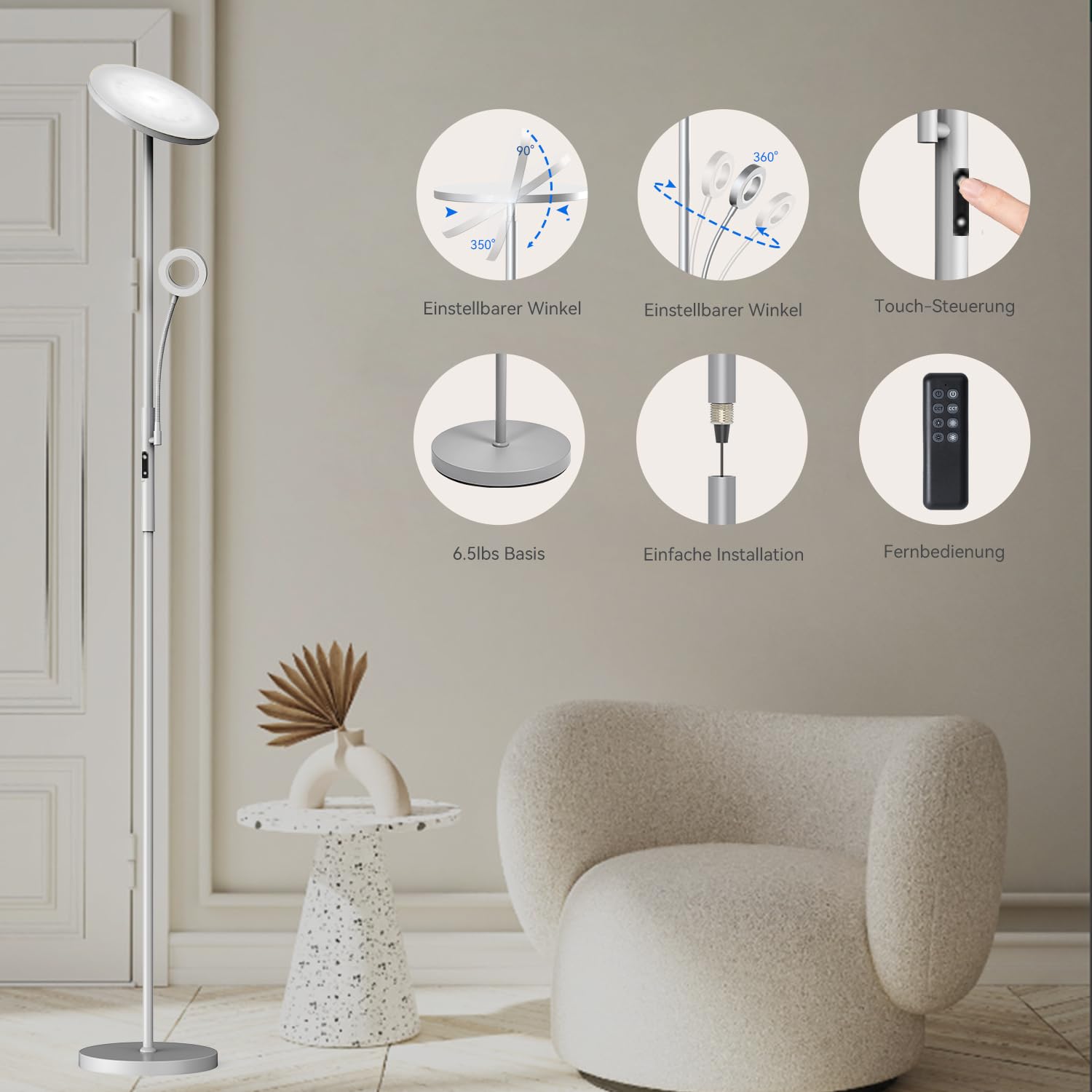 Stehlampe Leselampe Grau, 30W+5W 4200LM Deckenfluter LED, 3000K-6000K Stufenlos Dimmbar Stehleuchte Wohnzimmer mit Fernbedienung & Touch Steuerung, LED Standleuchte für Schlafzimmer,Büro