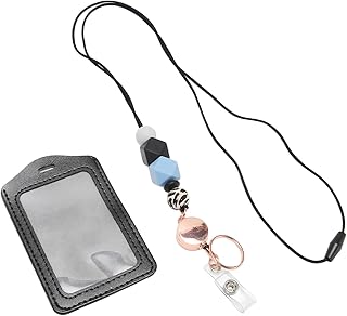 Emoshayoga Cordón de identificación con cuentas de silicona con soporte retráctil transparente para estudiantes y trabajadores de oficina, color azul y gris.