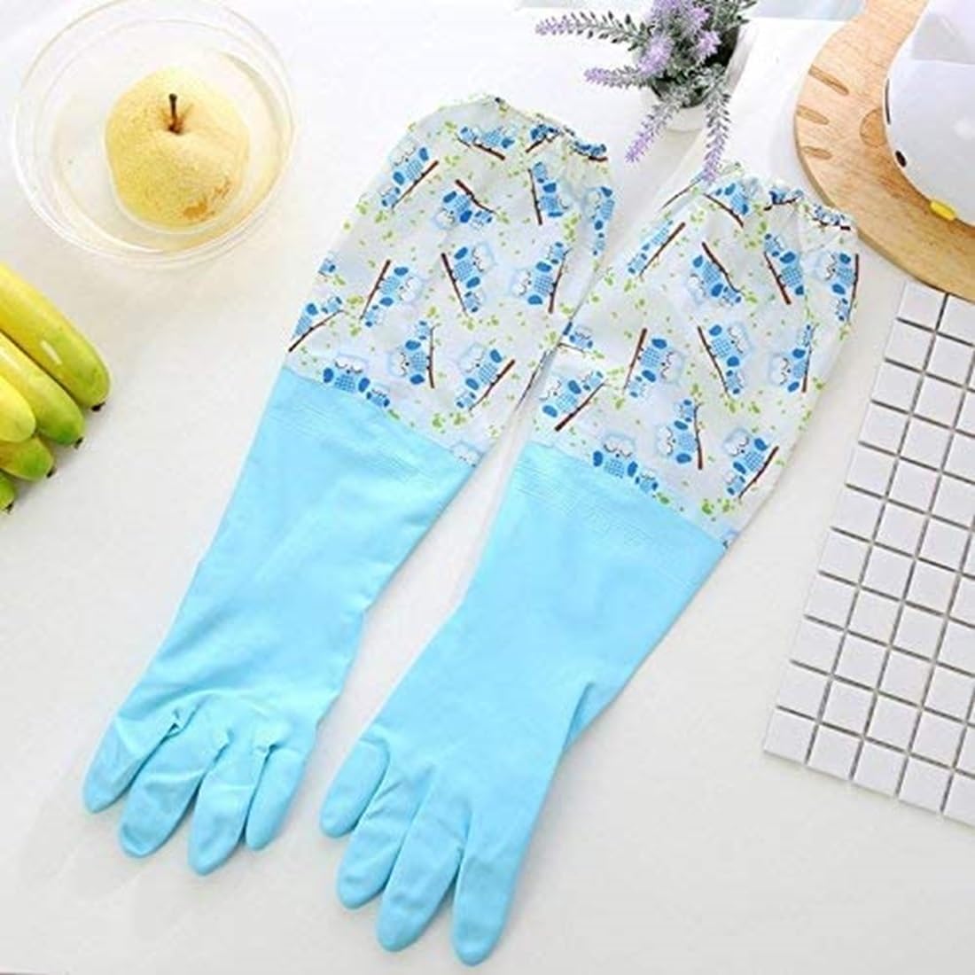 Reusable Waterproof Household Gloves | Long Sleeve Latex-Free Rubber Gloves for Kitchen Cleaning, Dishwashing, Laundry & Gardening | Durable Protective Gloves Pack of 3 (Green, Pink, Blue)