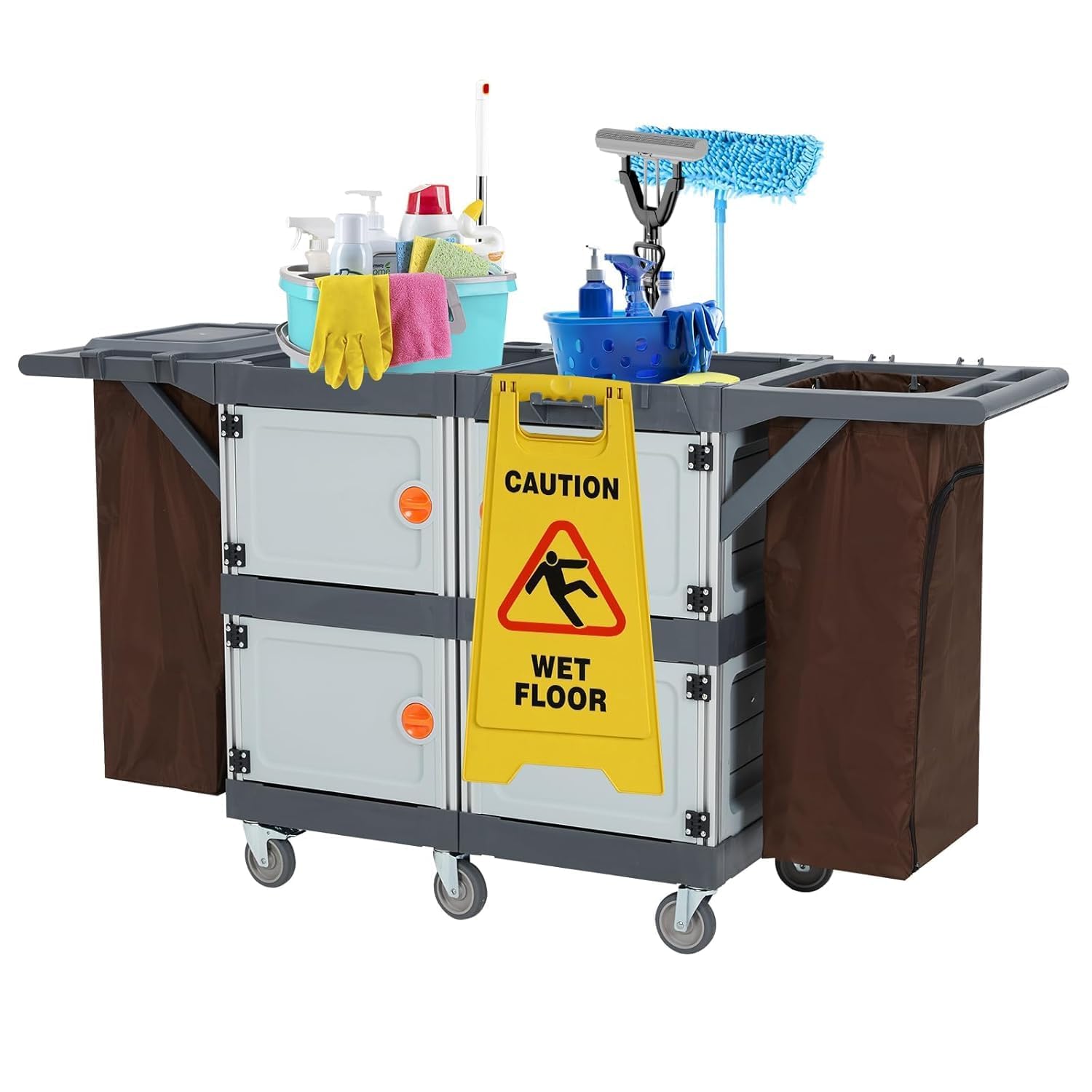 Carrello per pulizie commerciale con 4 armadietti - Carrello per pulizie nero con coperchio, ripiani, carrello di servizio e borsa in vinile