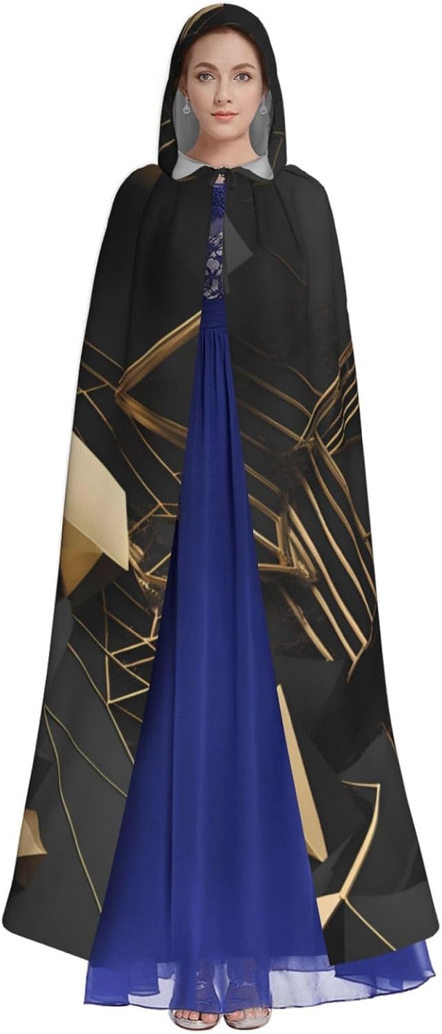 Unisex Full Length Hooded Halloween Christmas Party Robe Cloak Cape Cosplay Costume Men Women Black and Gold Plaid Prints
