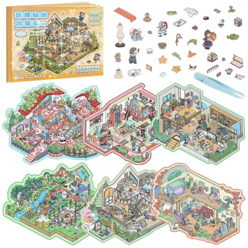 Vicloon Autocollants de Maison, 17 Amis Feuilles DIY 3D Autocollants de Scène Miniature Thérapie de Scène Kid Autocollant d’aménagement Paysager Effet Anti-stress avec Pince à Epiler, Grand