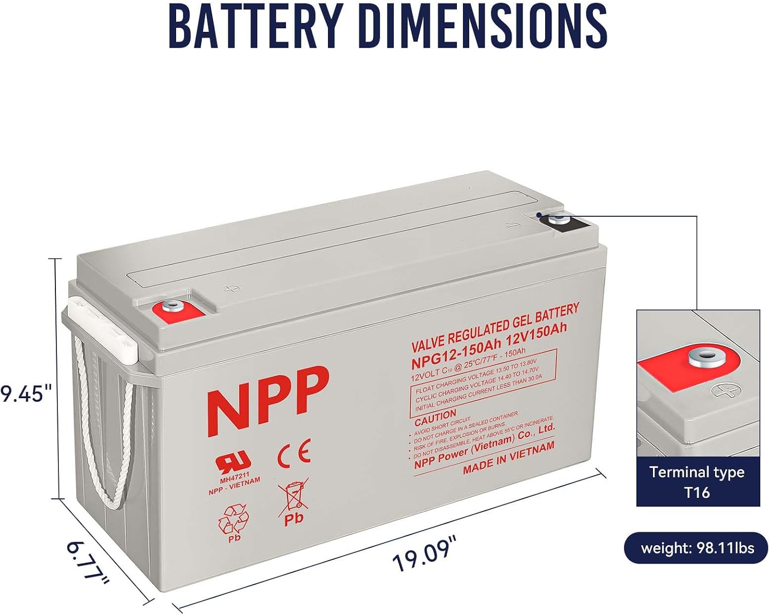 NPP NPG12-150Ah 12V 150Ah Rechargeable Gel Deep Cycle Battery with Button Style Terminals SLA Storage Battery for Off Grid Solar System, Wind, RV, Marine, Boat, Golf Cart thumbnail