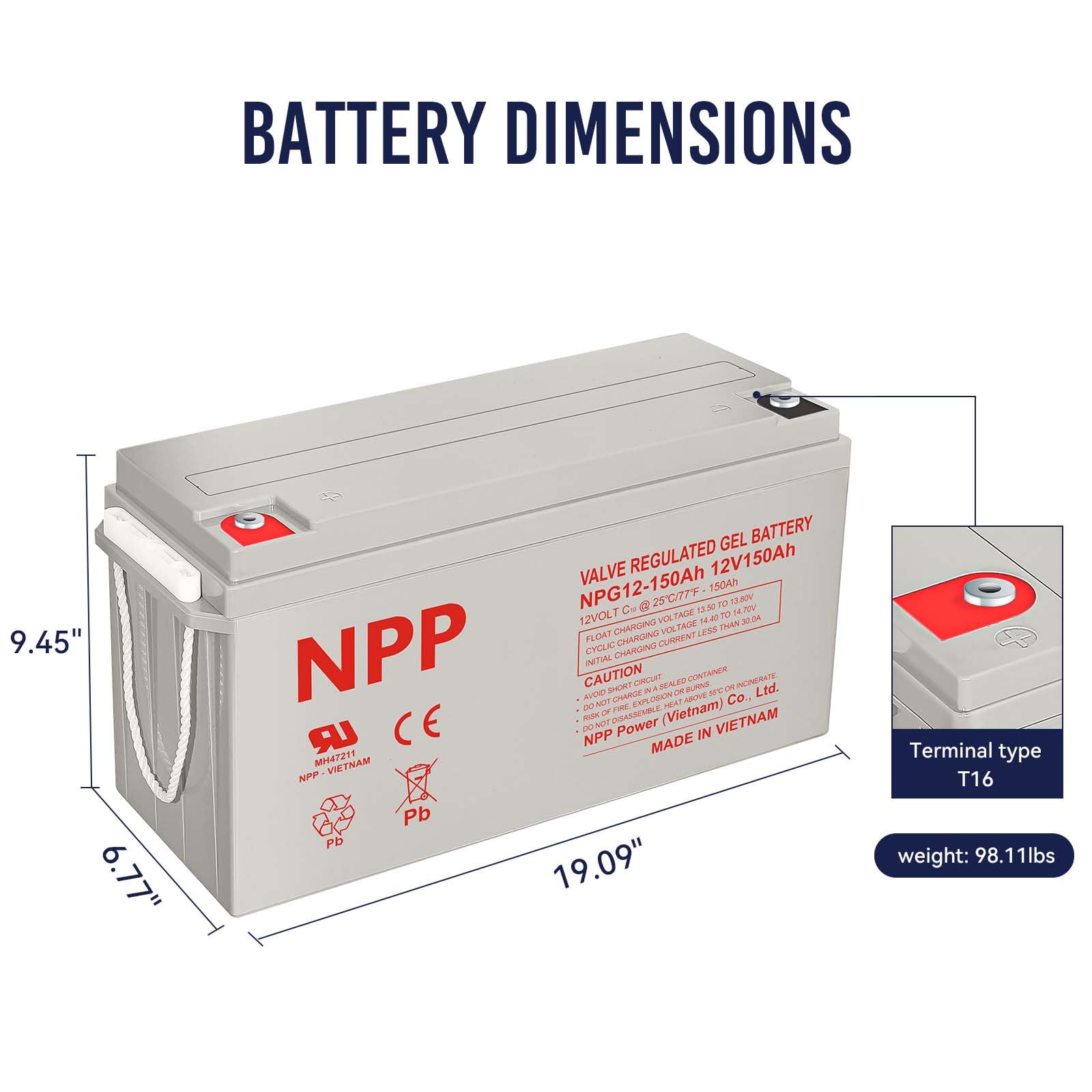 NPP NPG12-150Ah 12V 150Ah Rechargeable Gel Deep Cycle Battery with Button Style Terminals SLA Storage Battery for Off Grid Solar System, Wind, RV, Marine, Boat, Golf Cart