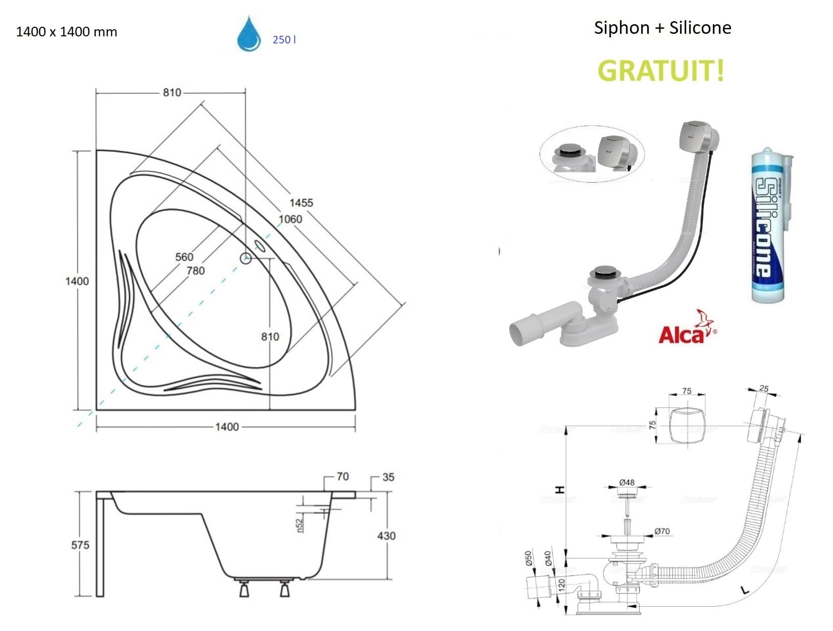 ECOLAM Baignoire d'angle symétrique Mia 140x140cm + tablier | pieds siphon silicone | Belle forme | Set complet