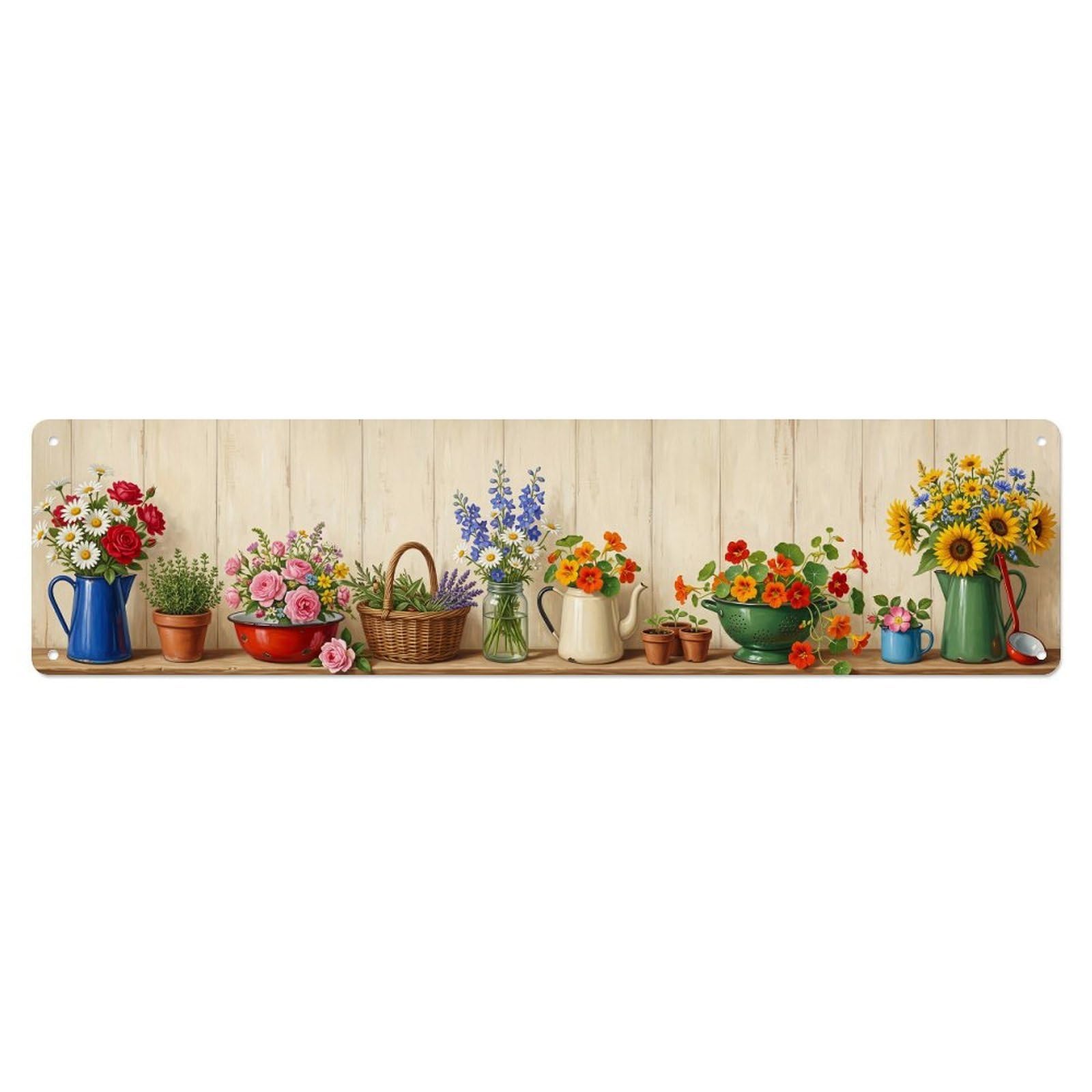 Floral Garden Tools Vintage Enamel Pattern Print Metal Tin Sign