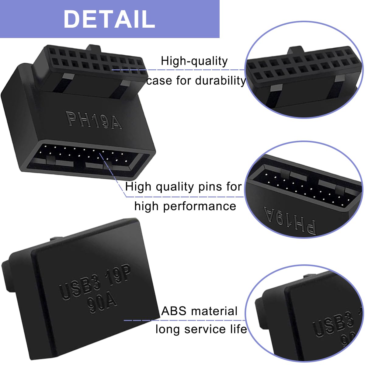 2 szt. Płyta główna USB 3.0 19/20 Pin 90 Degree Adapter, męski do żeńskiego typu L Turn Right Angle Socket Extension Adapter, do płyty głównej komputera stacjonarnego (Header Up Angle PH19A)