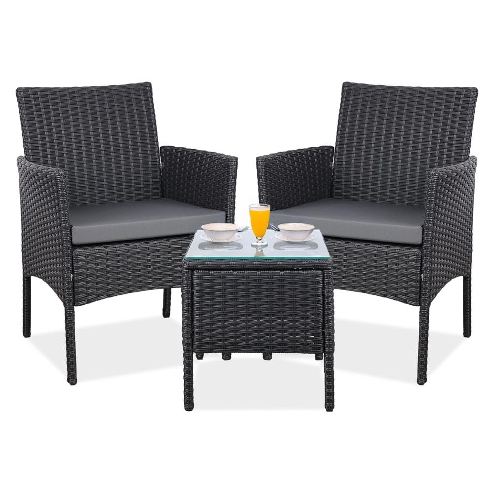 YOEVU - Set de Jardín de Ratán 3 Piezas | 2 Sillas con Cojines y Mesa de Cristal | Resistente al Agua y Sol | Ideal para Terraza y Balcón, Grande, Ratán (Antracita)