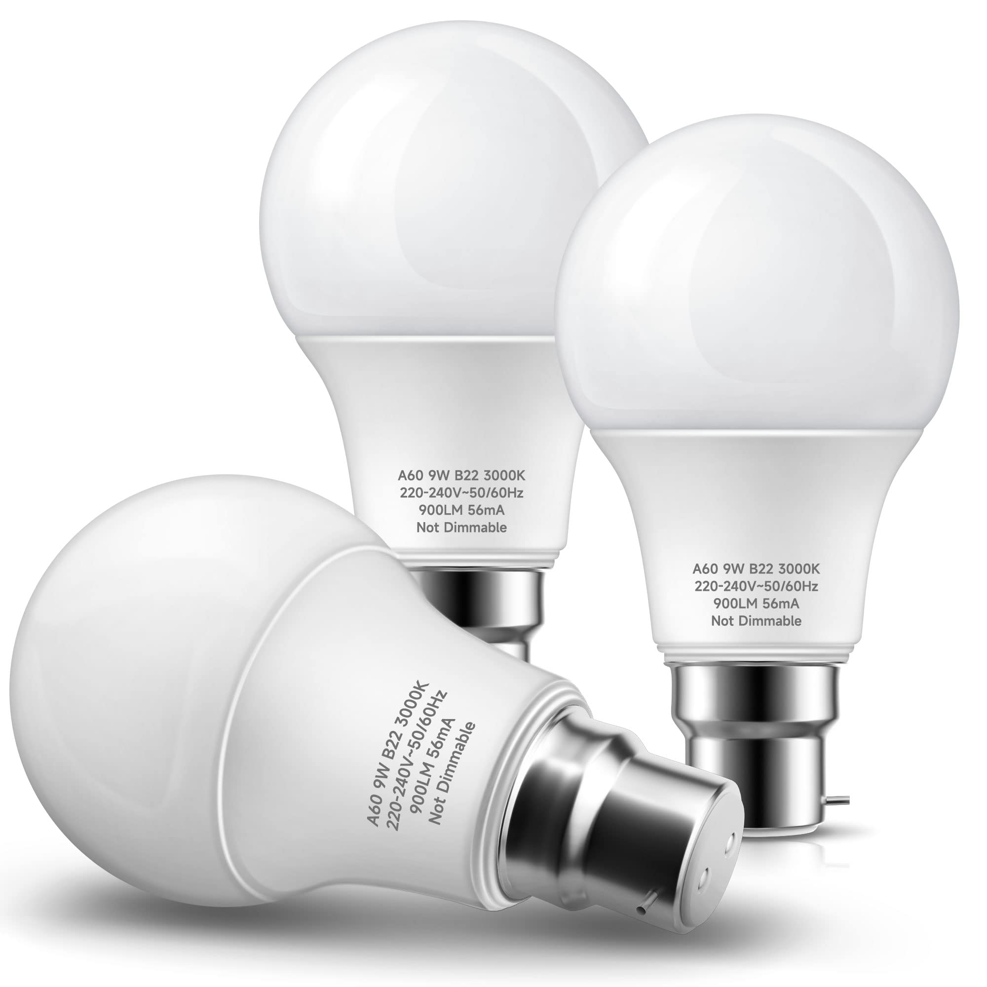 Bonnov Bayonet Light Bulbs B22, 9W Edison Screw Bulbs, 60W Incandescent Equivalent Bulbs, Edison LED Warm White 3000K, 900lm LED Bulb, Energy Saving Lightbulbs, CRI>80, Non Dimmable, Pack of 3