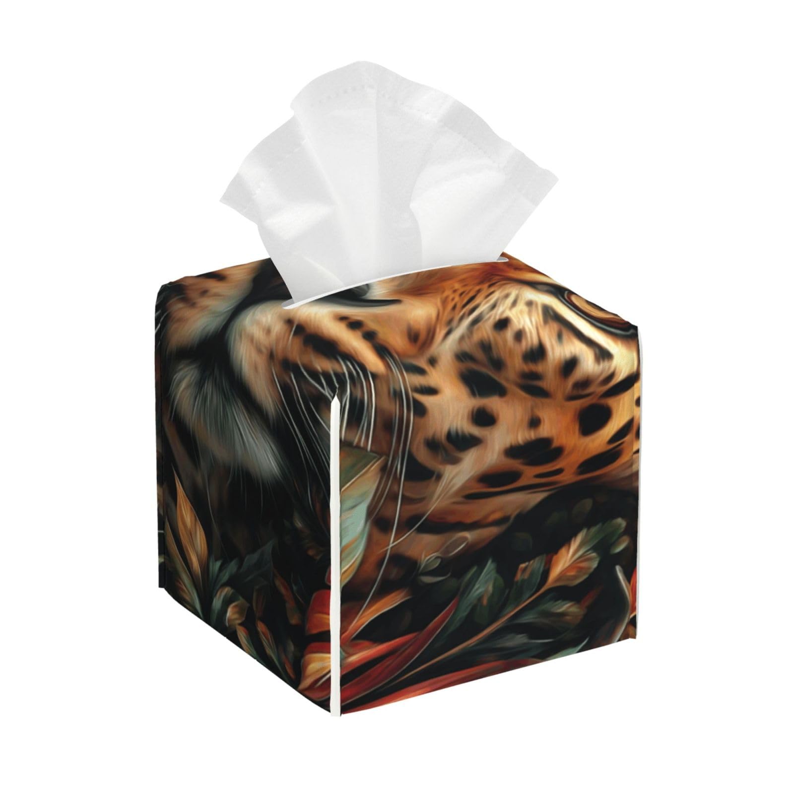 Leopard Jungle Simple Tissue Box Cover Square Pu Leather Waterproof Tissue Box Holder for Car Bathroom Bedroom Office Tabletop Decor