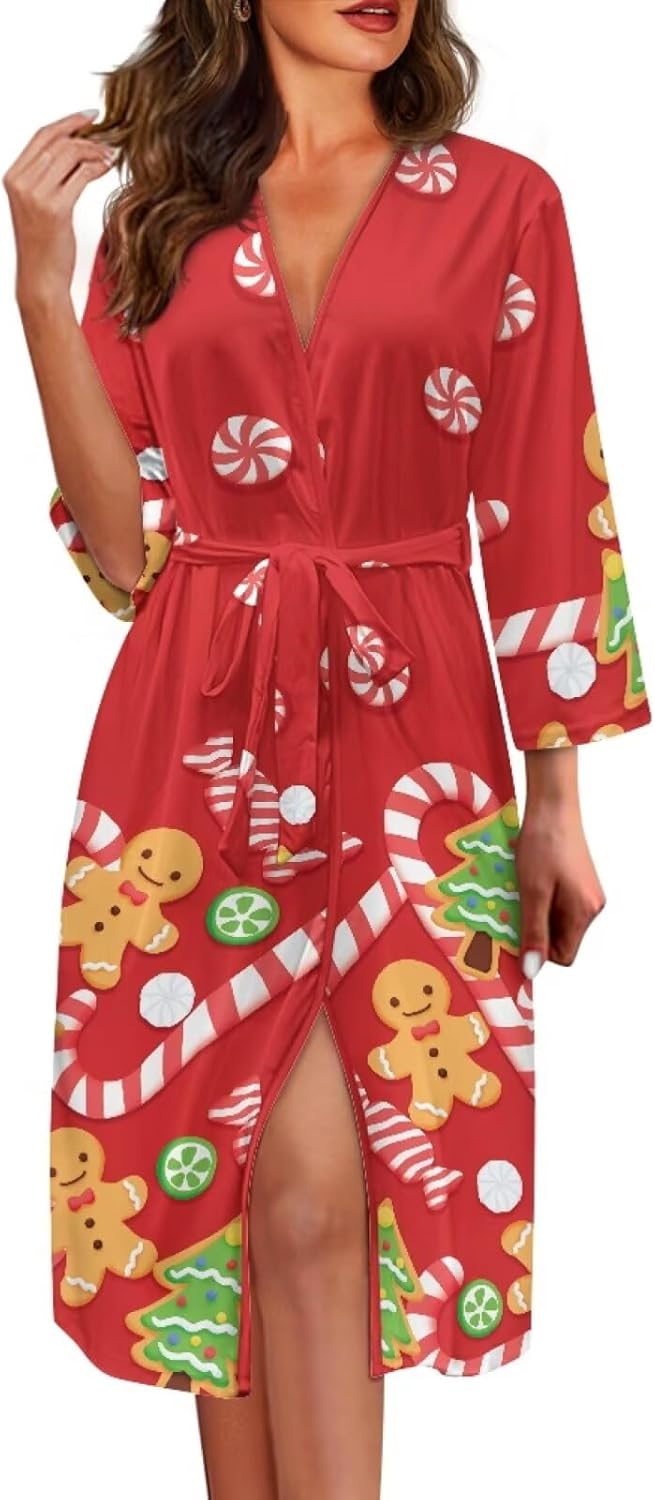 Christmas Pattern Robe Long Sleeve Quick Dry Plus Size Night Shirts Sleep Dress