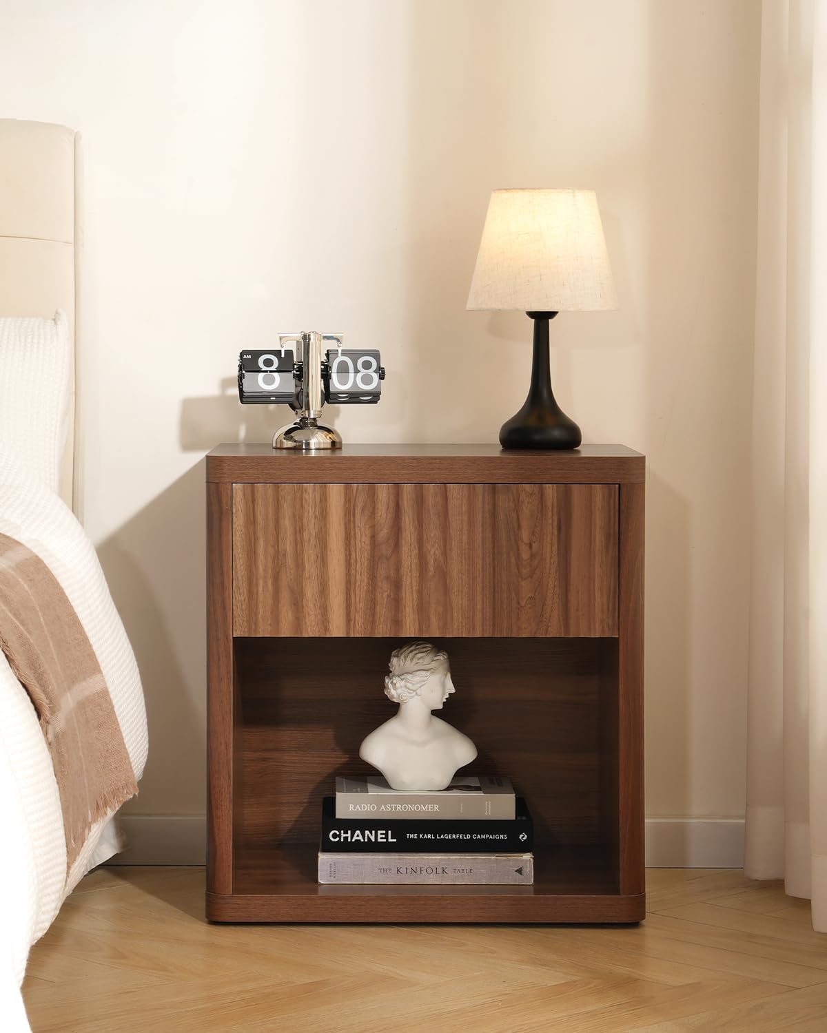 Night Stand Fluted Nightstand with Drawers, Wood Bedside Table with Storage Shelf, Bed Side Table for Bedroom, End Tables Living Room, Mid Century Nightstands Night Stands, Sofa Side Tables