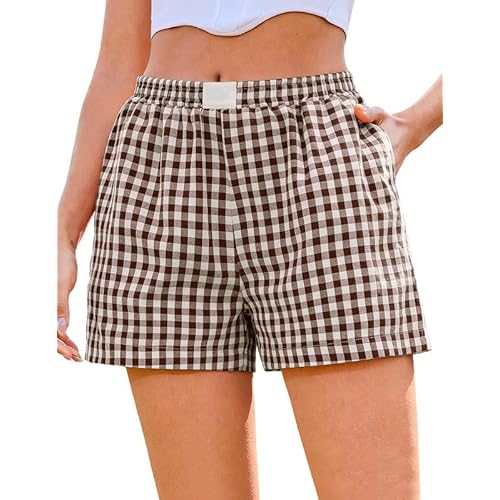 Marvmys Womens Boxer Shorts Cotton Plaid Gingham Shorts Summer Elastic Waist Pajama Buttoms with Pockets Medium Brown White Plaid