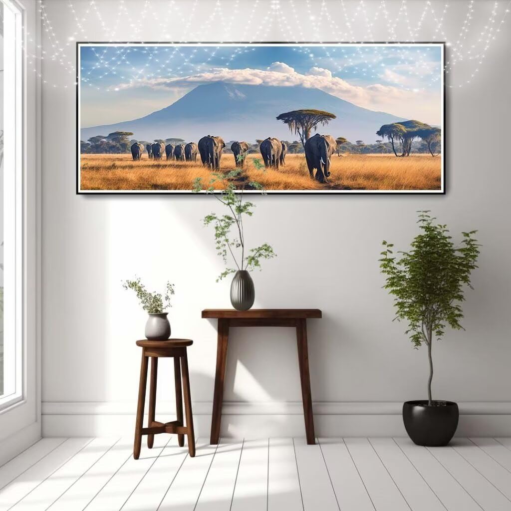Malarstwo diamentowe 5D, obraz diamentowy 5D, słoń, łąka, pełna mozaika, dla dzieci, dla dorosłych, duży (50 x 125 cm), obraz do dekoracji domu 8Y-8587