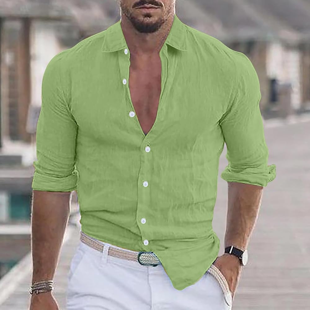 plain green dress shirt OKAICOS Long Sleeve Sage Linen Shirt