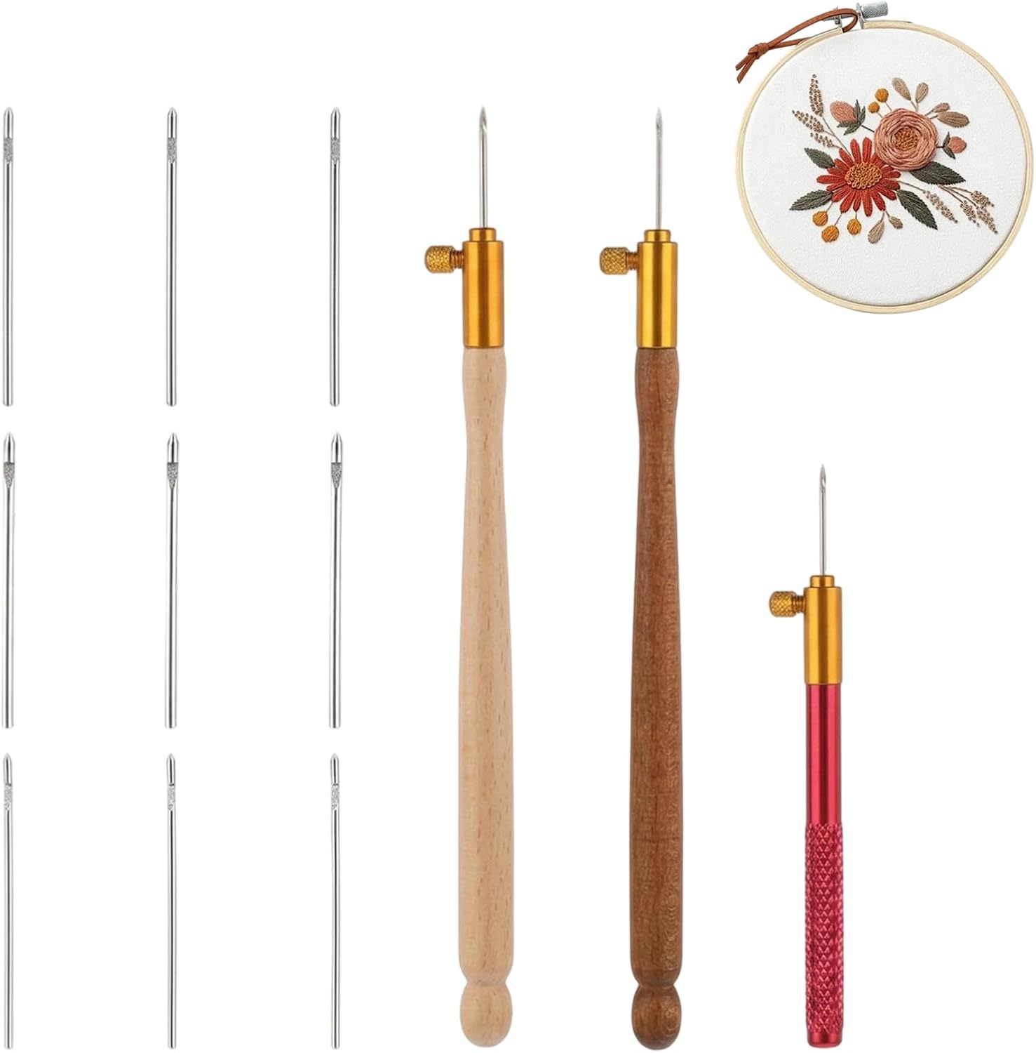 Njiwkiw 12-Piece Beechwood Crochet Hook Set with Stainless Steel Needles, Tambour Embroidery Kit, Professional French Embroidery Tools, for Sequin Beading and Chain Stitch Crafting