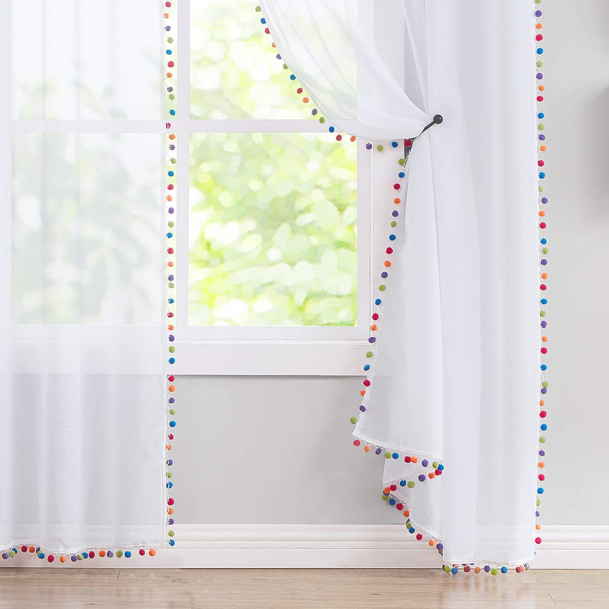 Treatmentex Pom Pom Curtains Garden 52" x 95" White/Multicolor, White/Multi-coloured, W 52" x L 95" (2 Panels) - Image 3