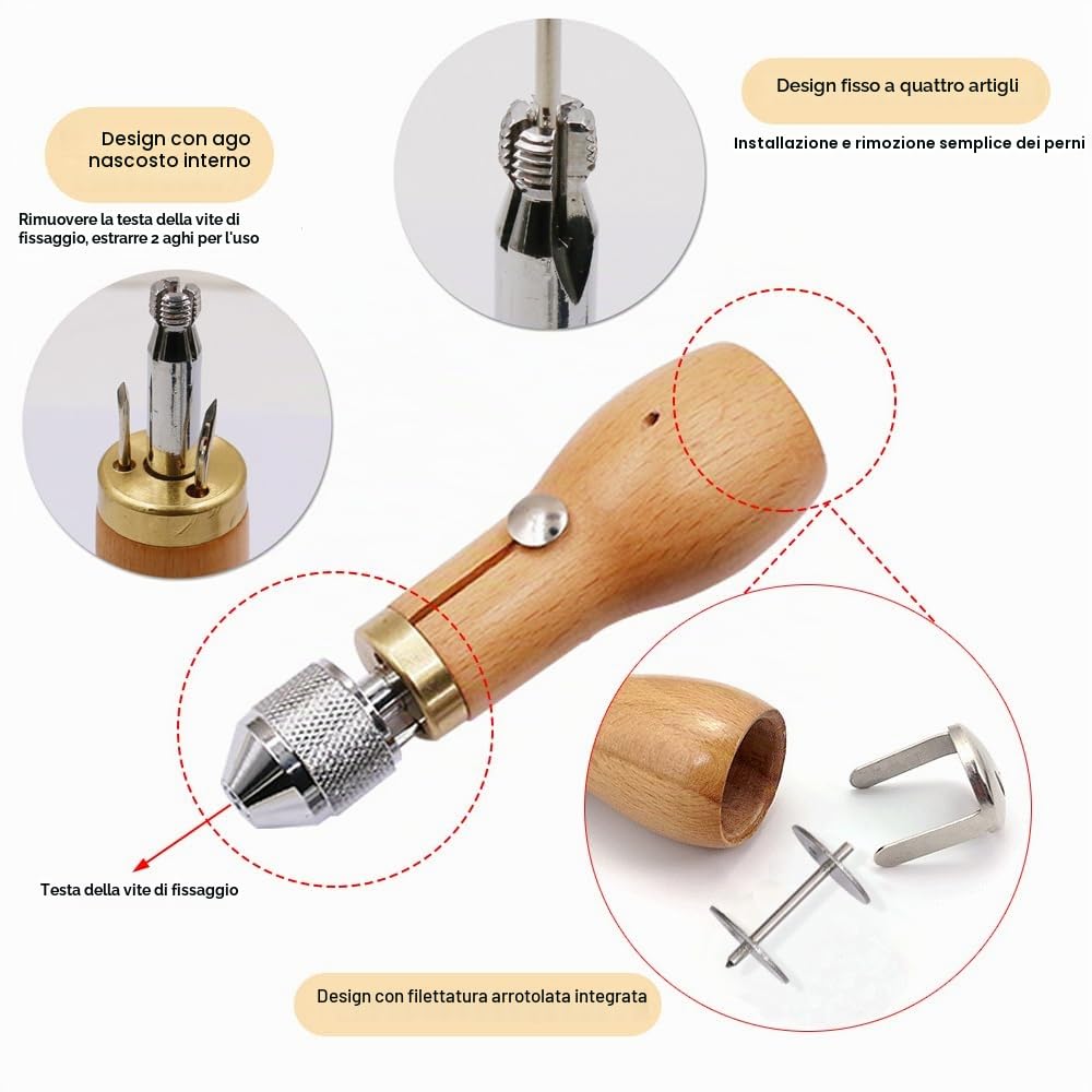 NICAVKIT Set da cucito in pelle: utensili artigianali con alesino, aghi a mano, rotoli di filo di cera, aghi, anello in ottone, bobina e pinza
