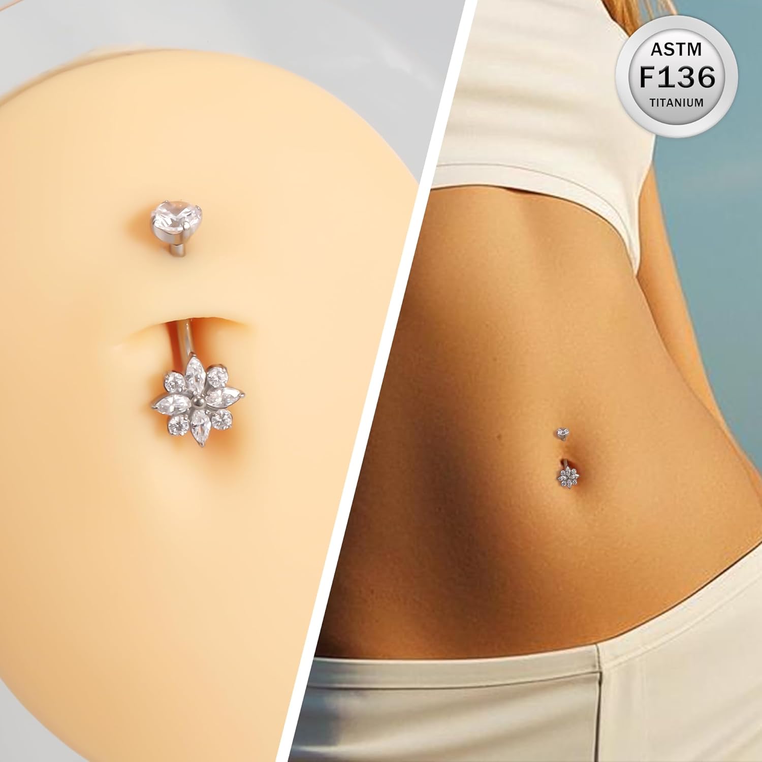Ruifan ASTM F136 Titanium Belly Button Rings Flower Cubic Zircon Hypoallergenic Internally Threaded 14G Navel Body Piercing Jewelry 10mm 12mm 14mm For Women - Image 3