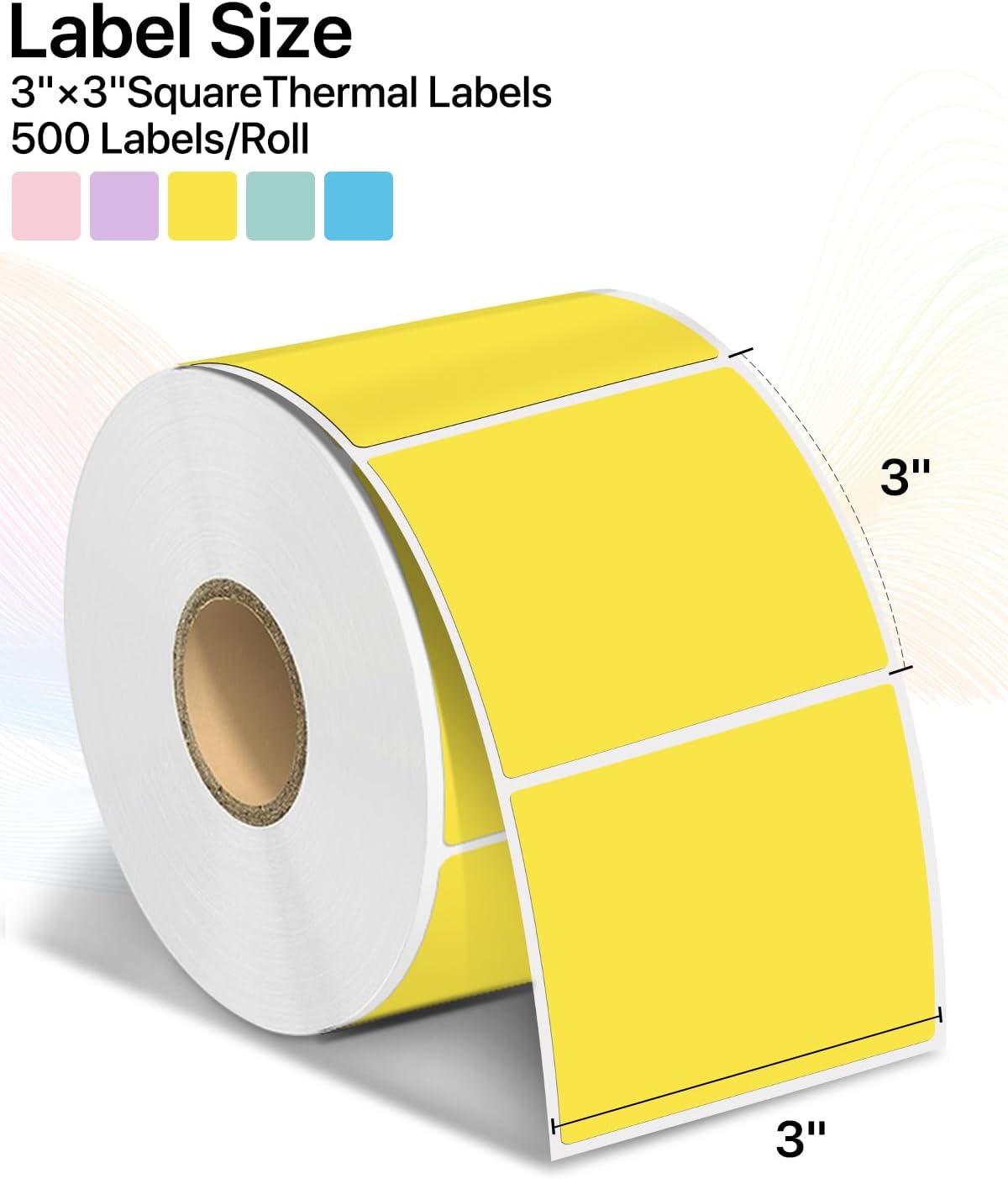 Square Thermal Label Stickers, 3" x 3" (76.2mm x 76.2mm) Self-Adhesive Thermal Labels Square Direct Thermal Stickers Compatible with Thermal Label Printers, 500 Labels/Roll Yellow - Image 2