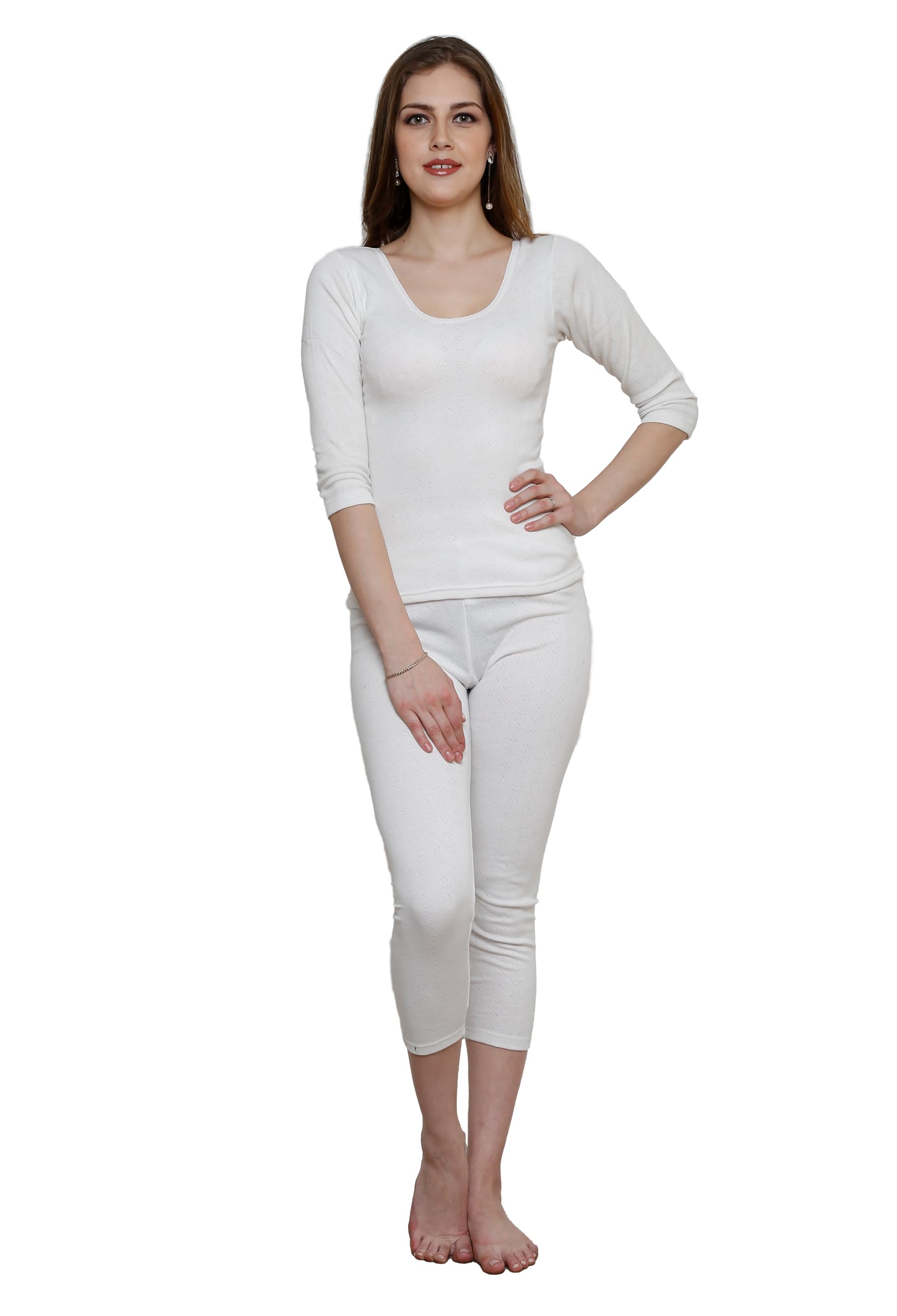 prince Women's Three-Fourth Length Sleeves Full Set Thermal Wear - Top & Bottom Set for Winter Warmth - Heat Retaining Fabric,Lightweight and Comfortable Fit | Cold Weather Protection - White-picture-22