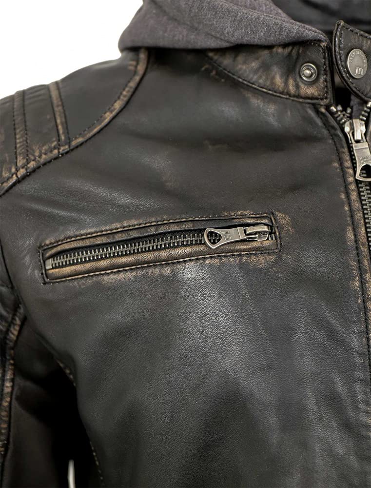 Herren Lederjacke Lammnappa Bikerjacke Kapuze schwarz-beige