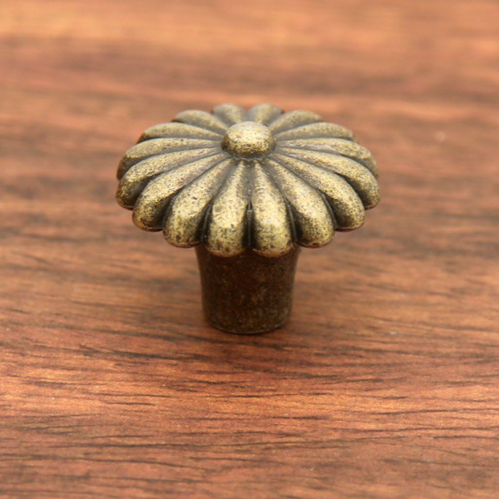LXZ 8 PCs Vintage Antique Brass Knobs Handles – Distressed Antique Brass Knob Pulls with Embossed Flower Pattern, Diameter 1.1-in (27 mm) Height 0.9-in (22 mm)