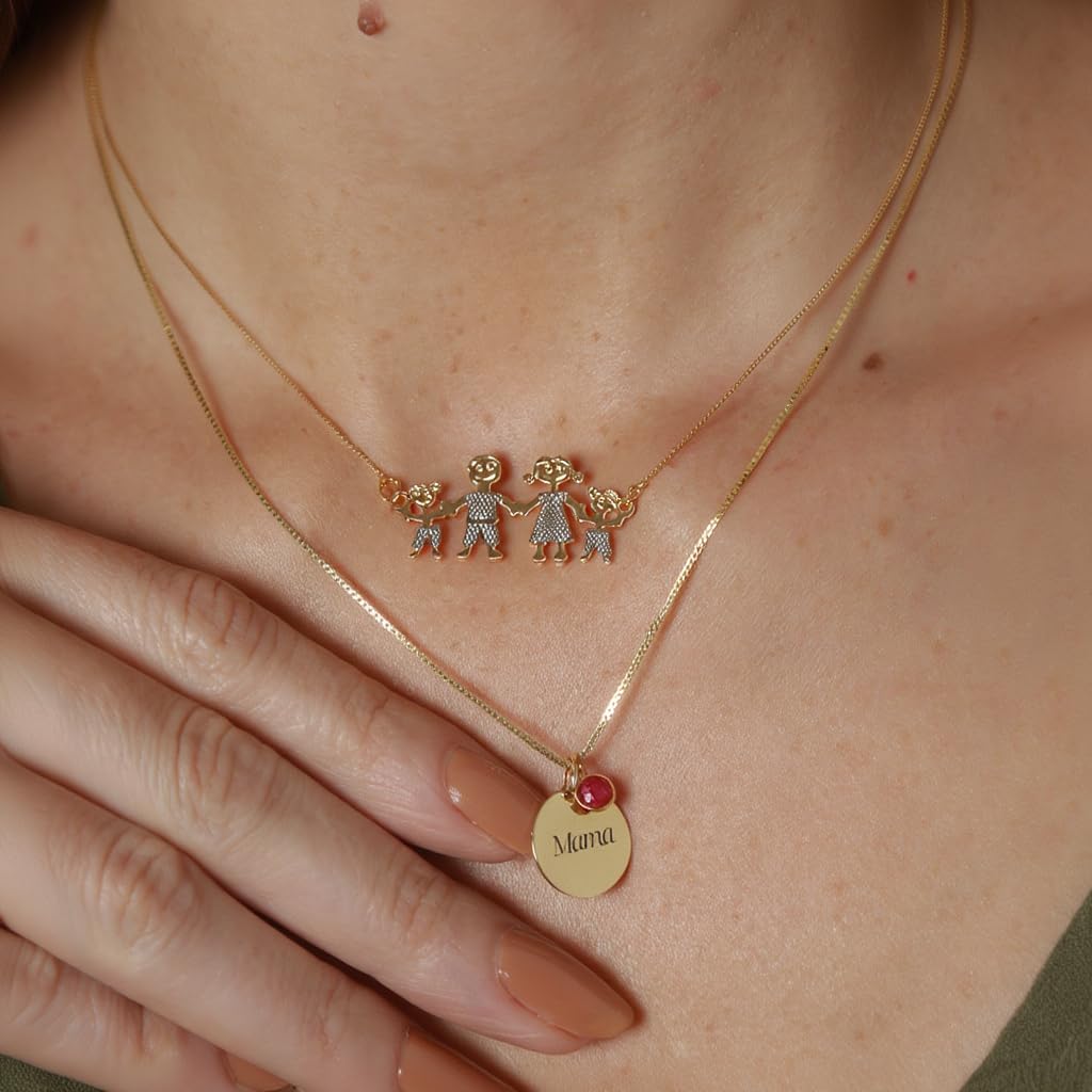 Collar Familia, Collar corto Madre, Padre, Hijos y Hijas, Colgante Personalizado con las varias combinaciones de la Familia, Regalo para Mamá (2 Niños, Oro Amarillo 18K)