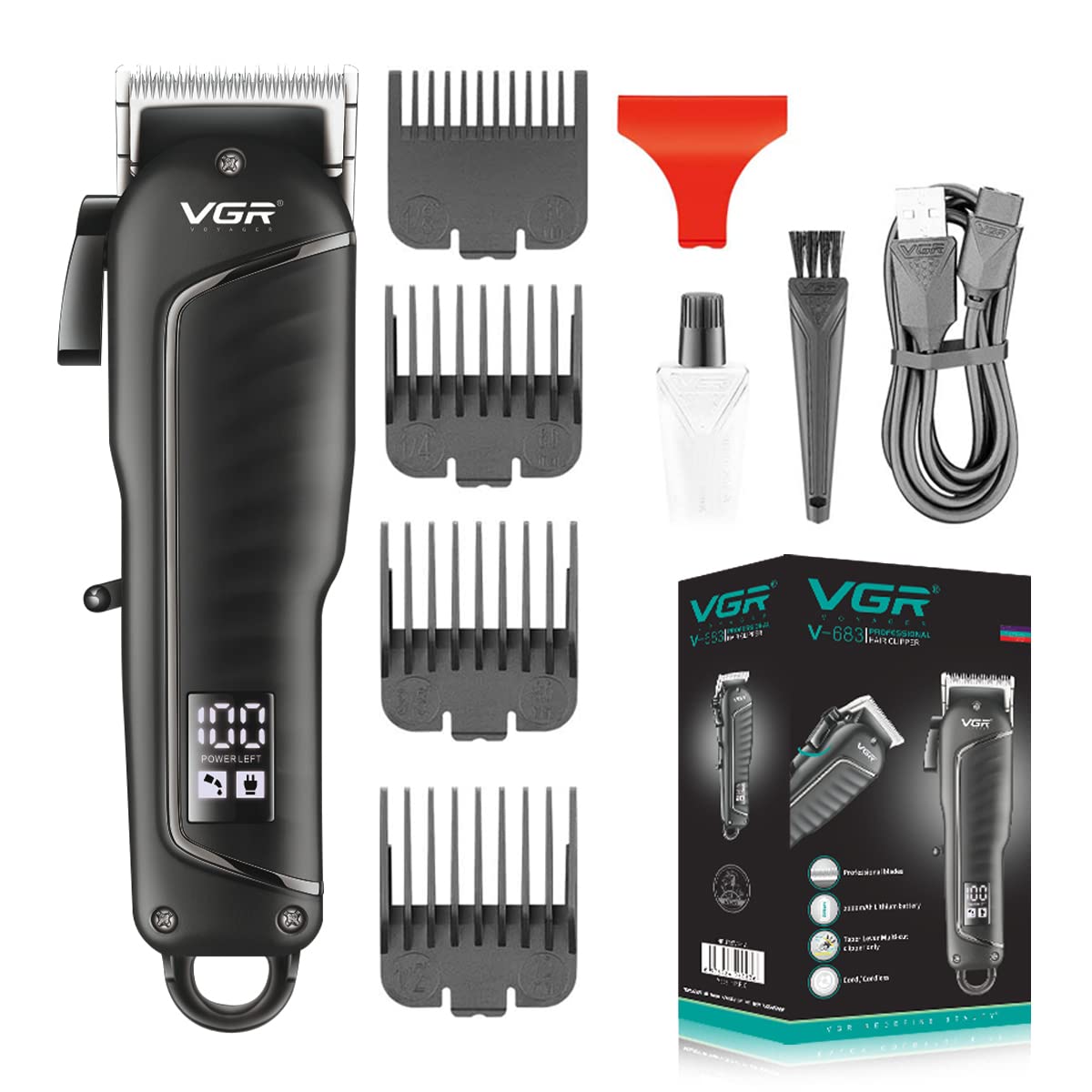 VGR V-683 Professional cordless Hair Clipper with LED Display, Stainless steel Blades, USB Charging cable, 4 Guide Comb, Taper Lever Adjustments Runtime: 200 mins, 2000 mAh Li-ion Battery, Black