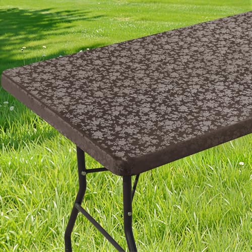Image of Smiry Heavy Duty Vinyl Fitted Tablecloths for 8 Foot Rectangle Tables | Elastic Waterproof Fitted Tablecloths, Wipeable Washable Table Cover for Kitchen, Dining, Camping (Coffee, 30 inch x 96 inch)