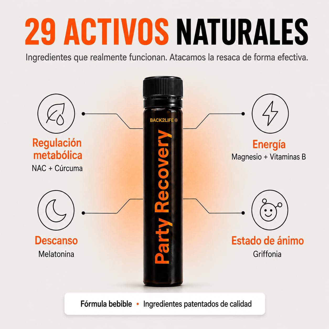 Complemento Stop Resaca Bebible | Vitamina C + Zinc + Taurina + Melatonina + Magnesio Bisglicinato | Anti Resaca 29 Activos Naturales | Kit 5 Shots | Alta Absorción - Party Recovery by BACK2LIFE | Bebible, con Vitamina C, Zinc, Taurina, Melatonina y Magne
