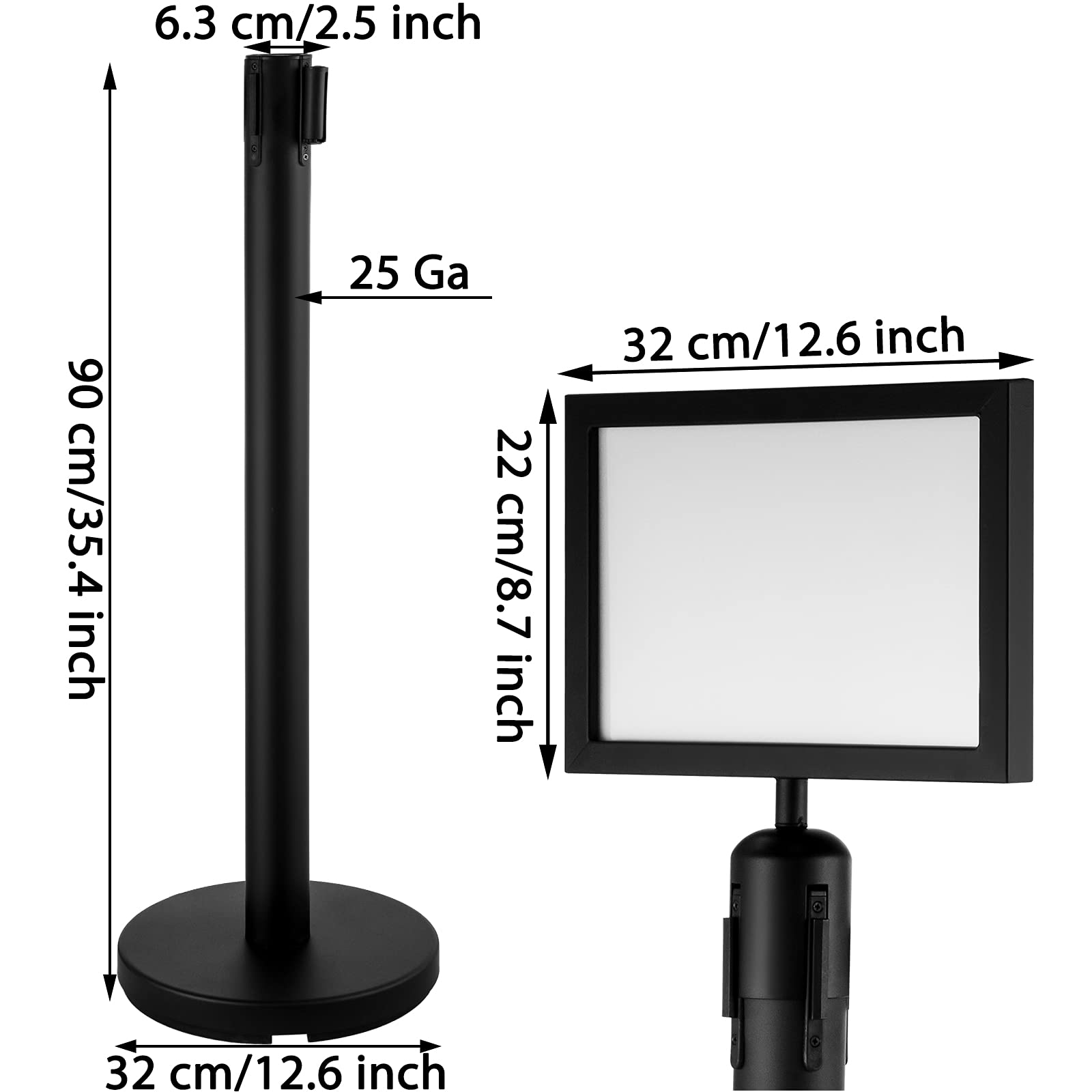 VEVOR Rungenpfostenabsperrungen, 90 cm 4er-Set Linienteiler, Rungen aus Edelstahl mit Schwarzen Einziehbaren Gurten, Rungen mit einem Schildrahmen, Warteschlangen-Sicherheitsrungen (Schwarz)
