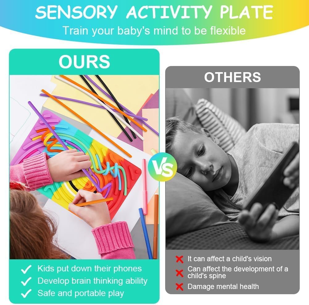 VRUPRIX Double-Sided Silicone Fidget Toy for Kids & Adults Sensory Fidget Pads Toys Calming, Stress Relief, Anxiety, Sensory Activity Board with 11 Strings (Rainbow Color and 3+ & Adults) 2
